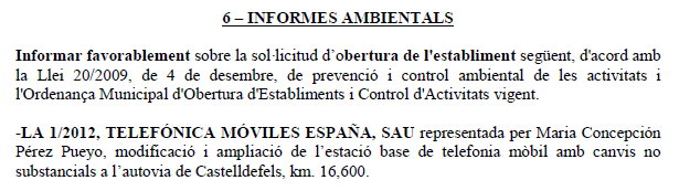 Acord de la Junta de Govern Local de l'Ajutament de Gav que permetr la modificaci i ampliacai de l'estaci de telefonia mbil de TELEFNICA a Gav Mar (25 de Setembre de 2012)